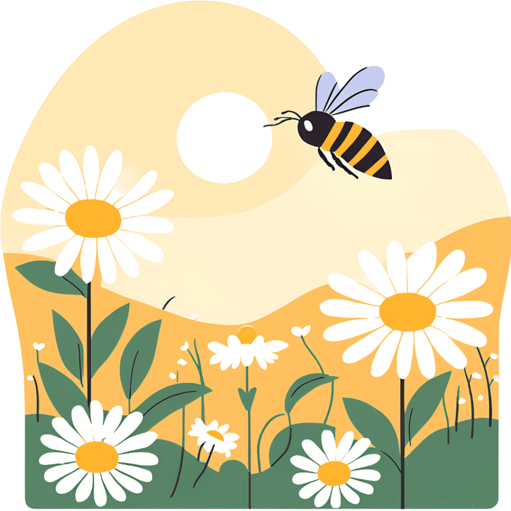 A cartoon bee in with daisy flowers in front of a sunset.