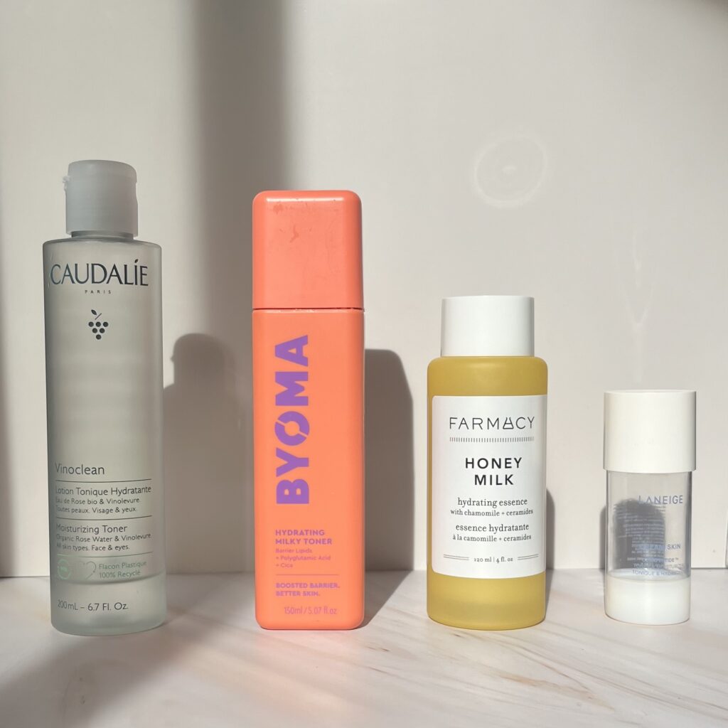 Caudalie, Byoma, Farmacy, Laneige toners lined up