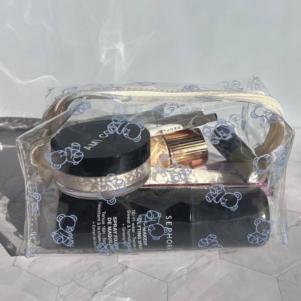 Clean makeup products in a makeup bag